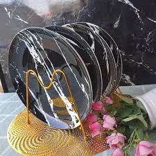 Black Marble Dinner Plates Set of 6 – Elegant Ceramic Plates with Luxury Marble Design – Durable Round Tableware for Home, Kitchen & Restaurant Use, Ideal for Main Meals, Steak, Pasta, Rice & Everyday