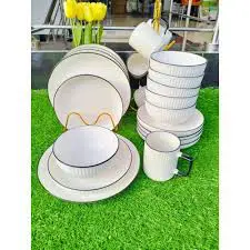 24 Pieces Concise White with Black Rim Dinner Set – Elegant Ceramic Tableware Set with 6 Dinner Plates, 6 Side Plates, 6 Bowls & 6 Mugs – Stylish Modern Dining Set for Home, Kitchen & Restaurant Use,