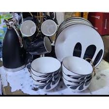 SUNDABEST 19PCS Black & White Dinner Set – Elegant Breakfast Set with 6 Ceramic Plates, 6 Cups, 6 Bowls & 2L Thermos Flask, Stylish Breakable Kitchen Dining Set for Home & Family Use