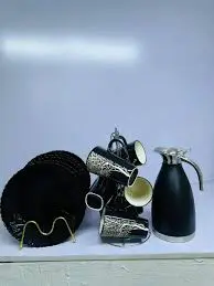 14 Pieces Dinner Set – Elegant Ceramic Tableware Combo with 6 Black Plates, 6 Black Mugs, Marble Black Flask & Tea Urn – Stylish Complete Dining & Beverage Set for Home, Office, Events & Hospita