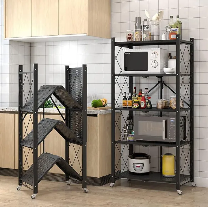 5-Tier Big Size Foldable Kitchen Rack with Wheels Heavy Duty Metal Storage Organizer Mobile Kitchen Shelf Space Saving Utility Rack for Home Pantry Kitchen Organization Storage Trolley