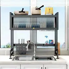 Best Quality 1-Layer Over-the-Sink Dish Rack 65cm Stainless Steel Kitchen Drying Rack with Glass Acrylic Cover Space Saving Dish Drainer Shelf for Plates Bowls Cups and Kitchen Organization Storage So