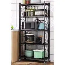 5-Tier Big Size Foldable Kitchen Rack with Wheels Heavy Duty Metal Storage Organizer Mobile Kitchen Shelf Space Saving Utility Rack for Home Pantry Kitchen Organization Storage Trolley