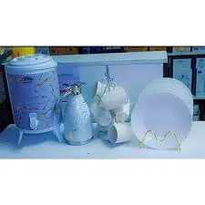 White Favourite Combo Set 14 Piece – Elegant Dinnerware Set with 6 White Plates, 6 White Mugs, Marble White Flask & Tea Urn – Premium Ceramic Drinkware & Serving Set for Home, Kitchen, Office & Events