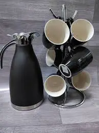 Luxurious Black Tea Set Combo with Flask and 6 Ceramic Cups Premium Elegant Tea Serving Set High Quality Ceramic Drinkware for Home Office Guests and Gift Use Stylish Modern Tea Collection