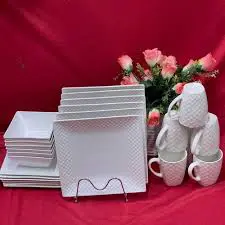 24pc Square Dinner Set Ceramic Tableware Complete Family Dining Set 6 Dinner Plates 6 Side Plates 6 Bowls 6 Cups Microwave Safe Elegant Kitchen Dinnerware Set for Home Hotels Restaurants and Gift Use
