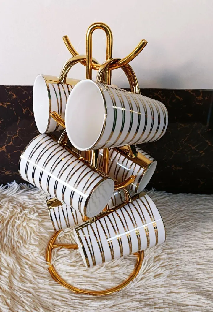Gold Long Ceramic Mugs Set Elegant Tall Coffee and Tea Cups Luxury Gold Finish Drinkware for Home Office Café and Gift Use Durable Stylish Mug Collection for Everyday Beverages