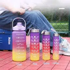 4 in 1 Motivational Bottle Set (2000ml + 750ml + 600ml + 300ml) BPA-Free Leakproof Water Bottle Collection with Time Markers & Carry Straps Fitness Hydration Set for Gym Office School & Travel