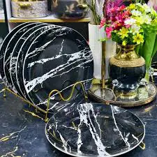 Black Marble Dinner Plates Set of 6 – Elegant Ceramic Plates with Luxury Marble Design – Durable Round Tableware for Home, Kitchen & Restaurant Use, Ideal for Main Meals, Steak, Pasta, Rice & Everyday