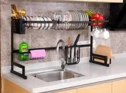 Over the Sink Dish Drainer Stainless Steel Heavy Duty 85cm Adjustable Kitchen Dish Rack Large Two Sink Drying Rack with Utensil Holder Space Saving Organizer for Plates Cups Bowls and Kitchen Accessor