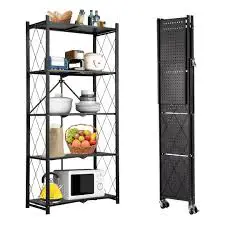 5-Tier Big Size Foldable Kitchen Rack with Wheels Heavy Duty Metal Storage Organizer Mobile Kitchen Shelf Space Saving Utility Rack for Home Pantry Kitchen Organization Storage Trolley