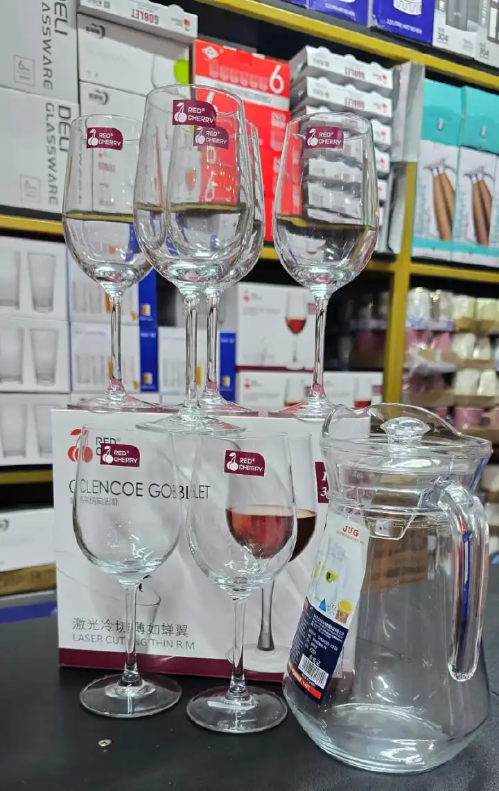 Wine Glass Set with 1.8L Glass Jar – Elegant Drinkware Set – 6 Wine Glasses with Large Pitcher – Durable Clear Glass Set for Juice, Wine, Water & Cocktails – Home, Dining, Office & Guest Serving, Prem
