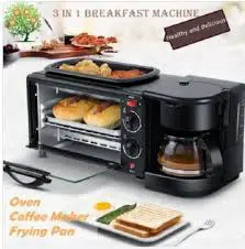 Reki Breakfast Maker 3-in-1 Multifunction Breakfast Station Coffee Maker Non-Stick Griddle Toaster Oven Compact Kitchen Appliance Fast Breakfast Preparation for Home Office and Hostel Use