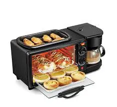 Reki Breakfast Maker 3-in-1 Multifunction Breakfast Station Coffee Maker Non-Stick Griddle Toaster Oven Compact Kitchen Appliance Fast Breakfast Preparation for Home Office and Hostel Use