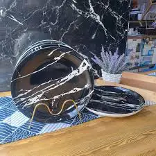 Black Marble Dinner Plates Set of 6 – Elegant Ceramic Plates with Luxury Marble Design – Durable Round Tableware for Home, Kitchen & Restaurant Use, Ideal for Main Meals, Steak, Pasta, Rice & Everyday