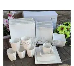 24pc Square Dinner Set Ceramic Tableware Complete Family Dining Set 6 Dinner Plates 6 Side Plates 6 Bowls 6 Cups Microwave Safe Elegant Kitchen Dinnerware Set for Home Hotels Restaurants and Gift Use