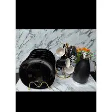 13 Pieces Dinner Set with 6 Large 11 Inch Square Dinner Plates, 6 Black Mugs and 2L Unbreakable Flask – Elegant All Black Tableware Set for Home Dining, Tea Serving & Everyday Kitchen Use
