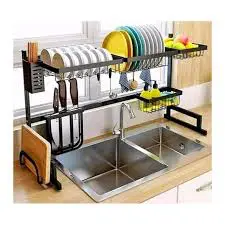 Over the Sink Dish Drainer Stainless Steel Heavy Duty 85cm Adjustable Kitchen Dish Rack Large Two Sink Drying Rack with Utensil Holder Space Saving Organizer for Plates Cups Bowls and Kitchen Accessor