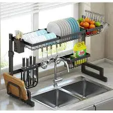 Over the Sink Dish Drainer Stainless Steel Heavy Duty 85cm Adjustable Kitchen Dish Rack Large Two Sink Drying Rack with Utensil Holder Space Saving Organizer for Plates Cups Bowls and Kitchen Accessor