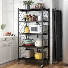 5-Tier Big Size Foldable Kitchen Rack with Wheels Heavy Duty Metal Storage Organizer Mobile Kitchen Shelf Space Saving Utility Rack for Home Pantry Kitchen Organization Storage Trolley