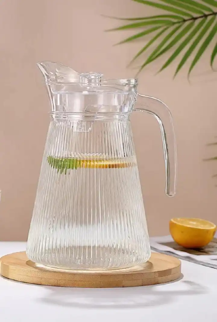 Ribbed Glass Jug 1.8L – Elegant Textured Water and Juice Pitcher – Durable Clear Glass Beverage Jug with Handle and Spout for Home, Dining, Office & Guest Serving, Stylish Everyday Drinkware
