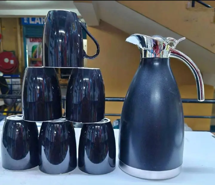 Luxurious Black Tea Set Combo with Flask and 6 Ceramic Cups Premium Elegant Tea Serving Set High Quality Ceramic Drinkware for Home Office Guests and Gift Use Stylish Modern Tea Collection