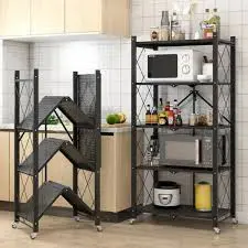 5-Tier Big Size Foldable Kitchen Rack with Wheels Heavy Duty Metal Storage Organizer Mobile Kitchen Shelf Space Saving Utility Rack for Home Pantry Kitchen Organization Storage Trolley