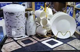 White Favourite Combo Set 14 Piece – Elegant Dinnerware Set with 6 White Plates, 6 White Mugs, Marble White Flask & Tea Urn – Premium Ceramic Drinkware & Serving Set for Home, Kitchen, Office & Events