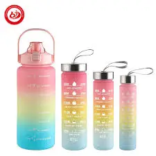 4 in 1 Motivational Bottle Set (2000ml + 750ml + 600ml + 300ml) BPA-Free Leakproof Water Bottle Collection with Time Markers & Carry Straps Fitness Hydration Set for Gym Office School & Travel