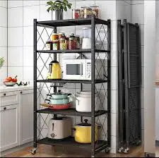 5-Tier Big Size Foldable Kitchen Rack with Wheels Heavy Duty Metal Storage Organizer Mobile Kitchen Shelf Space Saving Utility Rack for Home Pantry Kitchen Organization Storage Trolley