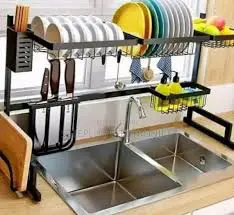 Over the Sink Dish Drainer Stainless Steel Heavy Duty 85cm Adjustable Kitchen Dish Rack Large Two Sink Drying Rack with Utensil Holder Space Saving Organizer for Plates Cups Bowls and Kitchen Accessor