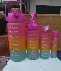 4 in 1 Motivational Bottle Set (2000ml + 750ml + 600ml + 300ml) BPA-Free Leakproof Water Bottle Collection with Time Markers & Carry Straps Fitness Hydration Set for Gym Office School & Travel