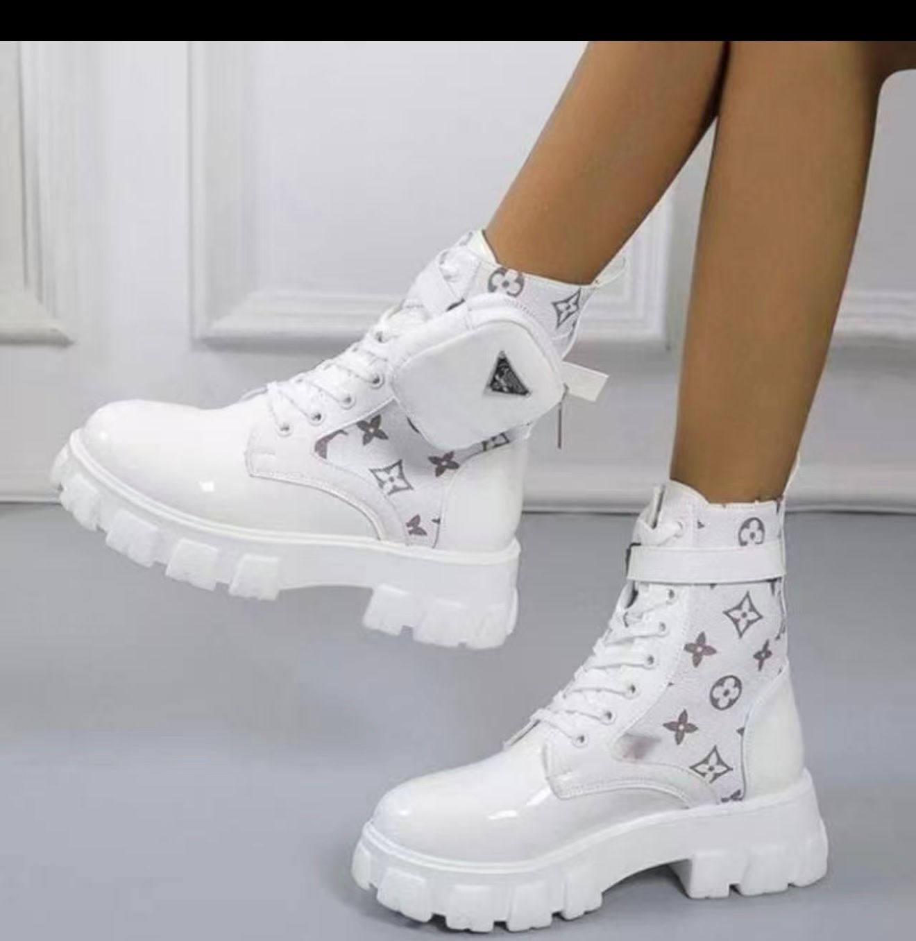 🔥 LOUIS VUITTON (LV) Prada Boots, Women's Luxury White Patent Combat Boots with Side Pocket – Chunky Platform Designer Ankle Boots, Fashion Lace-Up Military Boots, Trendy Streetwear Winter Footwear