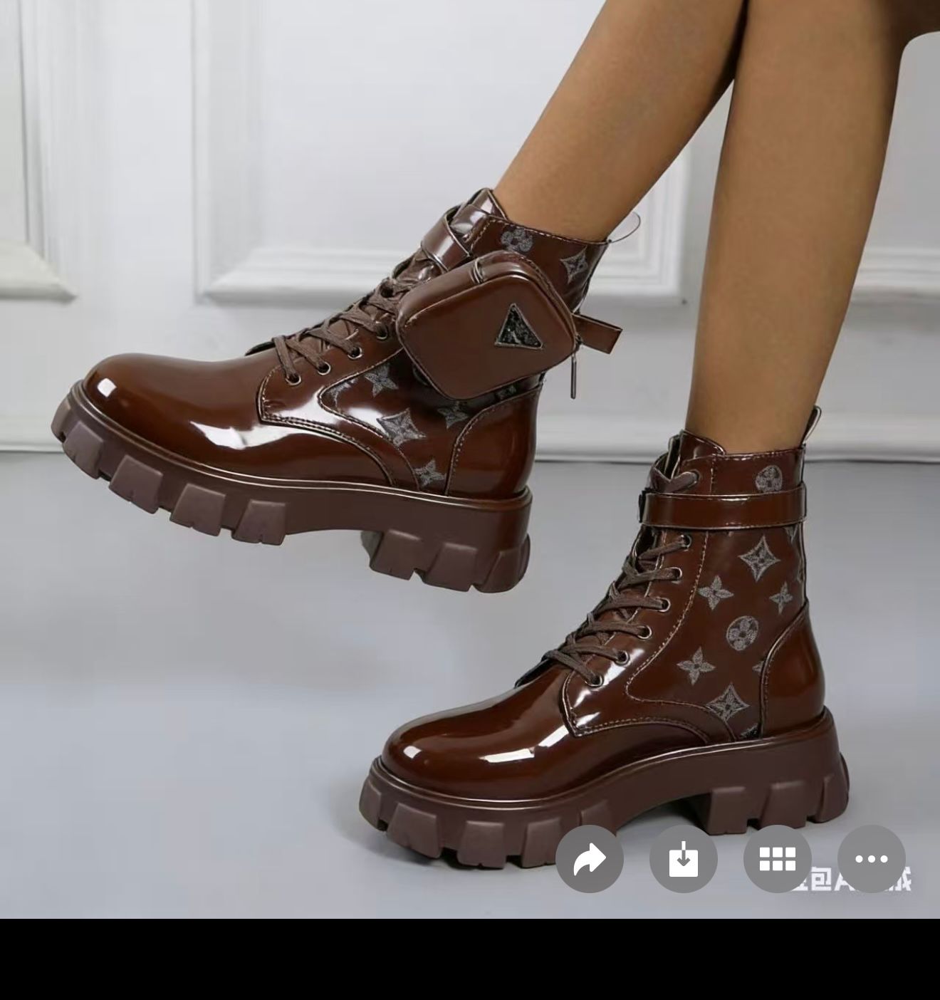 🔥 LOUIS VUITTON (LV) Prada Boots, Women's Luxury Brown Patent Combat Boots with Side Pocket – Chunky Platform Designer Ankle Boots, Fashion Lace-Up Military Boots, Trendy Streetwear Winter Footwear