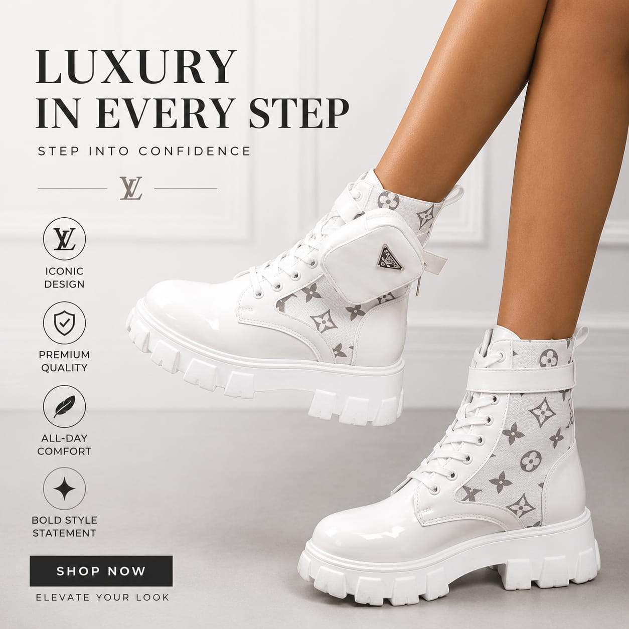 🔥 LOUIS VUITTON (LV) Prada Boots, Women's Luxury White Patent Combat Boots with Side Pocket – Chunky Platform Designer Ankle Boots, Fashion Lace-Up Military Boots, Trendy Streetwear Winter Footwear
