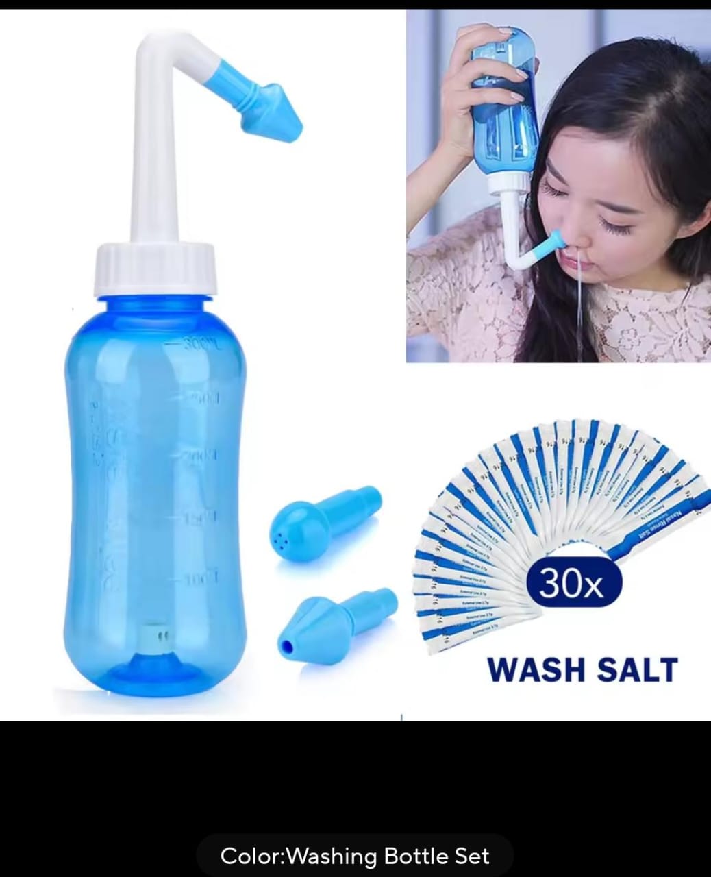 Automatic Nasal irrigator. Unique construction and the patented button allow a perfect water flow, transparent, so it is easy to see the water level, easy for both adults and children to use.