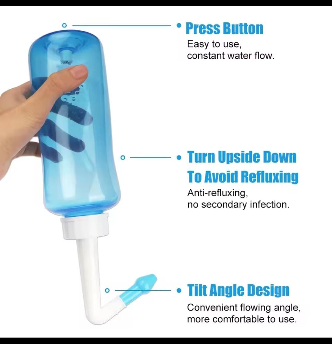 Automatic Nasal irrigator. Unique construction and the patented button allow a perfect water flow, transparent, so it is easy to see the water level, easy for both adults and children to use.