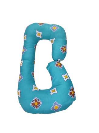 G-shaped maternity and pregnancy support pillow support pillow resting vertically on a light-colored tiled floor.Key Visual Details:Shape: It features
