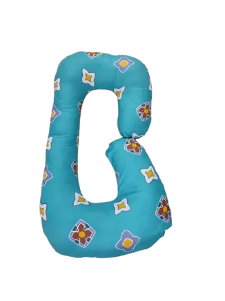 G-shaped maternity and pregnancy support pillow support pillow resting vertically on a light-colored tiled floor.Key Visual Details:Shape: It features