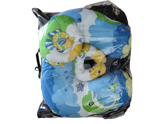 multi-functional baby nursing and feeding pillow set, tightly packed inside a clear plastic protective travel bag with a black zipper trim and handles.Ergonomic Baby Nursing Pillow  Lounger with cover