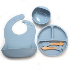 Silicone Baby Feeding and Weaning Set in a soft pastel blue colorway. Crafted from food-grade, BPA-free silicone, this self-feeding kit is designed to support toddlers transitioning to solid foods