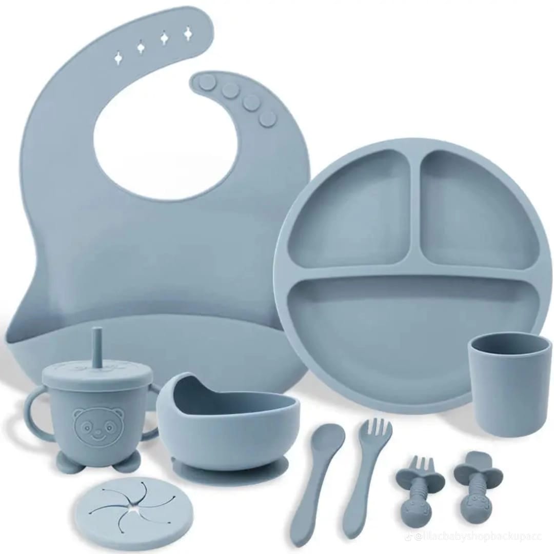 Silicone Baby Feeding and Weaning Set in a soft pastel blue colorway. Crafted from food-grade, BPA-free silicone, this self-feeding kit is designed to support toddlers transitioning to solid foods