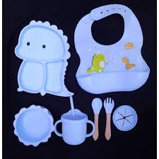Silicone Baby Feeding and Weaning Set in a soft pastel blue colorway. Crafted from food-grade, BPA-free silicone, this self-feeding kit is designed to support toddlers transitioning to solid foods