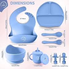 Silicone Baby Feeding and Weaning Set in a soft pastel blue colorway. Crafted from food-grade, BPA-free silicone, this self-feeding kit is designed to support toddlers transitioning to solid foods