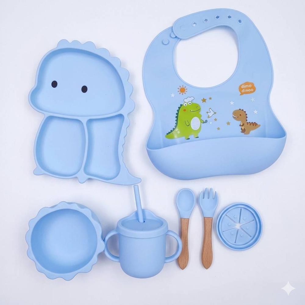 Silicone Baby Feeding and Weaning Set in a soft pastel blue colorway. Crafted from food-grade, BPA-free silicone, this self-feeding kit is designed to support toddlers transitioning to solid foods