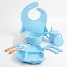 Silicone Baby Feeding and Weaning Set in a soft pastel blue colorway. Crafted from food-grade, BPA-free silicone, this self-feeding kit is designed to support toddlers transitioning to solid foods