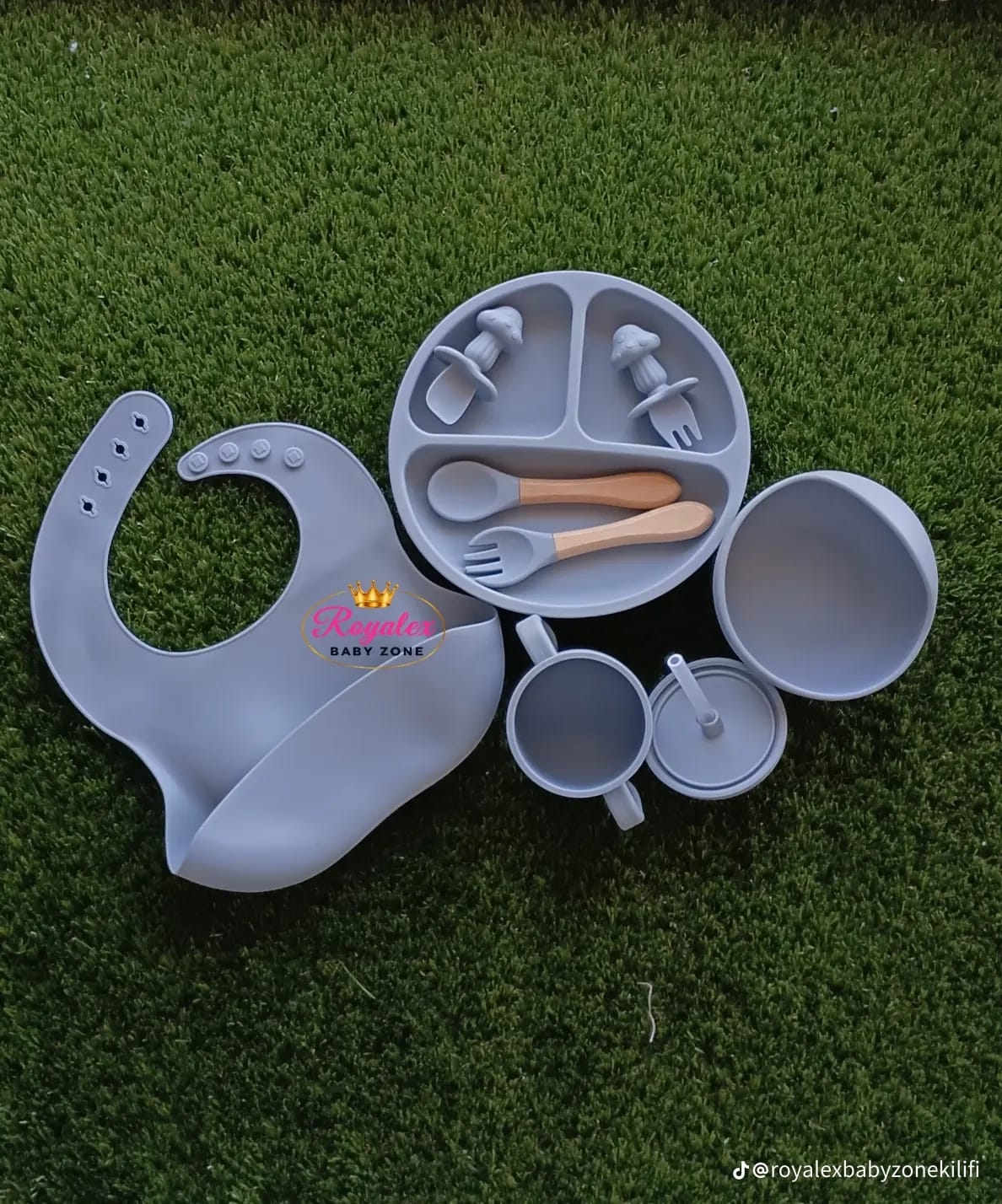 Silicone Baby Feeding and Weaning Set in a soft pastel blue colorway. Crafted from food-grade, BPA-free silicone, this self-feeding kit is designed to support toddlers transitioning to solid foods