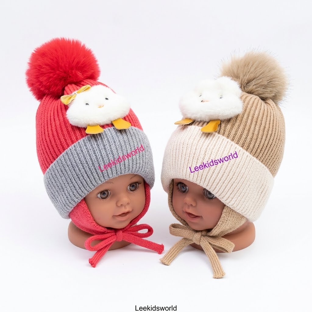 Elastic Crochet Bonnet Hat with Pompoms Winter Warm Hat Scarves Kids and Scarf for Girl Boy Skiing Traveling Snow Play Essential