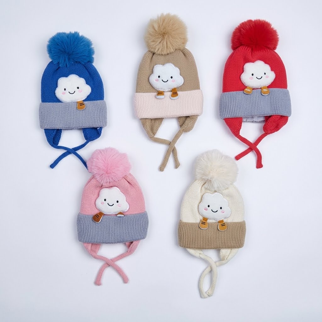 Elastic Crochet Bonnet Hat with Pompoms Winter Warm Hat Scarves Kids and Scarf for Girl Boy Skiing Traveling Snow Play Essential