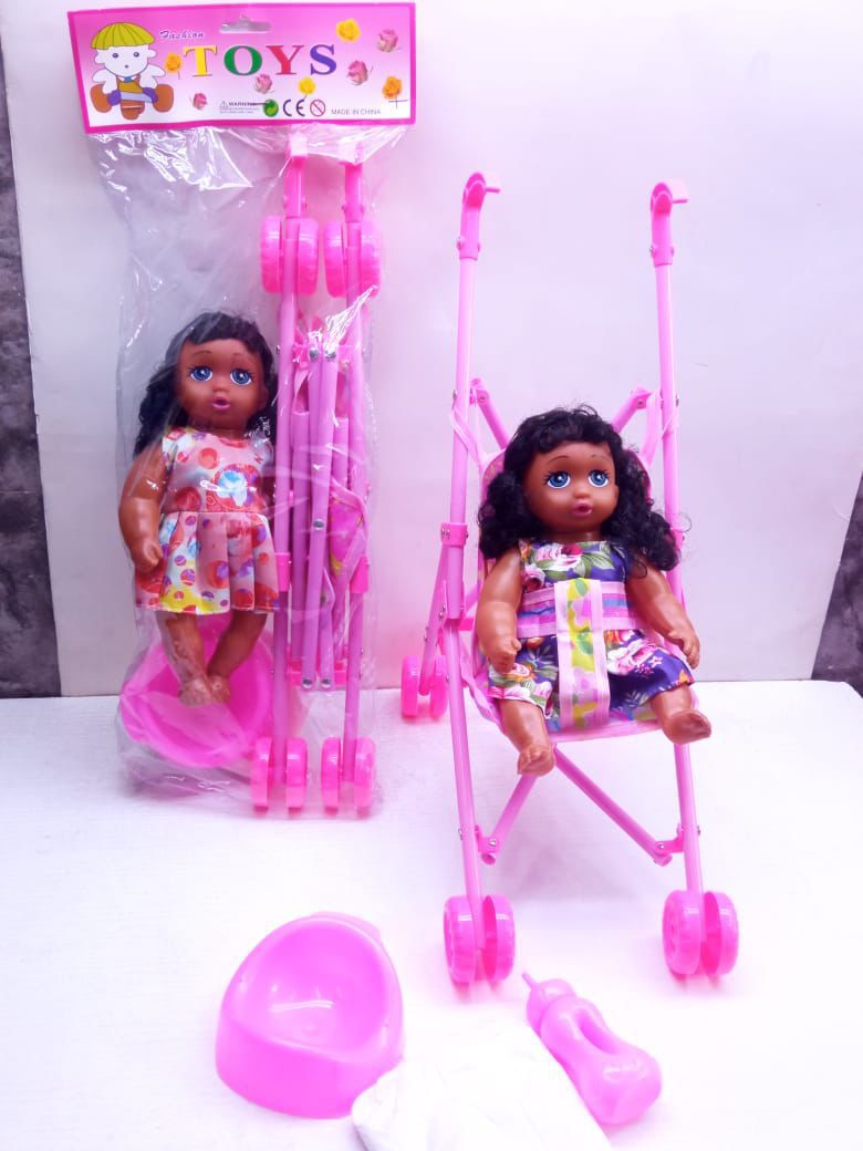 Doll Plus a Stroller 🔥🔥🔥28cm doll, 45cm stroller. Come with toilet training potty, diaper and feeding bottle. The doll is able to drink water and makes crying sounds